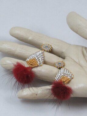 Silvery white and gold fur puff earrings